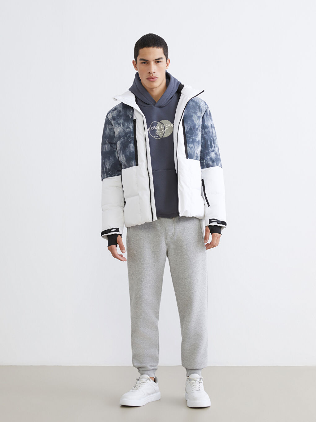 Beyaz Standart Kalıp Kapüşonlu Erkek Kayak Montu-2