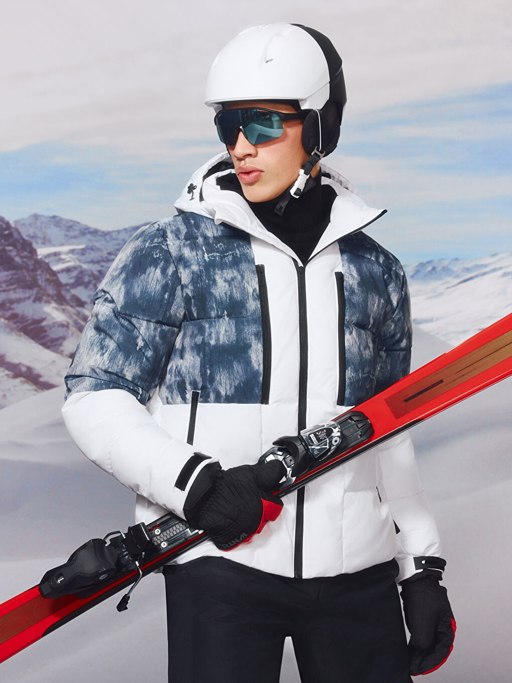 Beyaz Standart Kalıp Kapüşonlu Erkek Kayak Montu-15