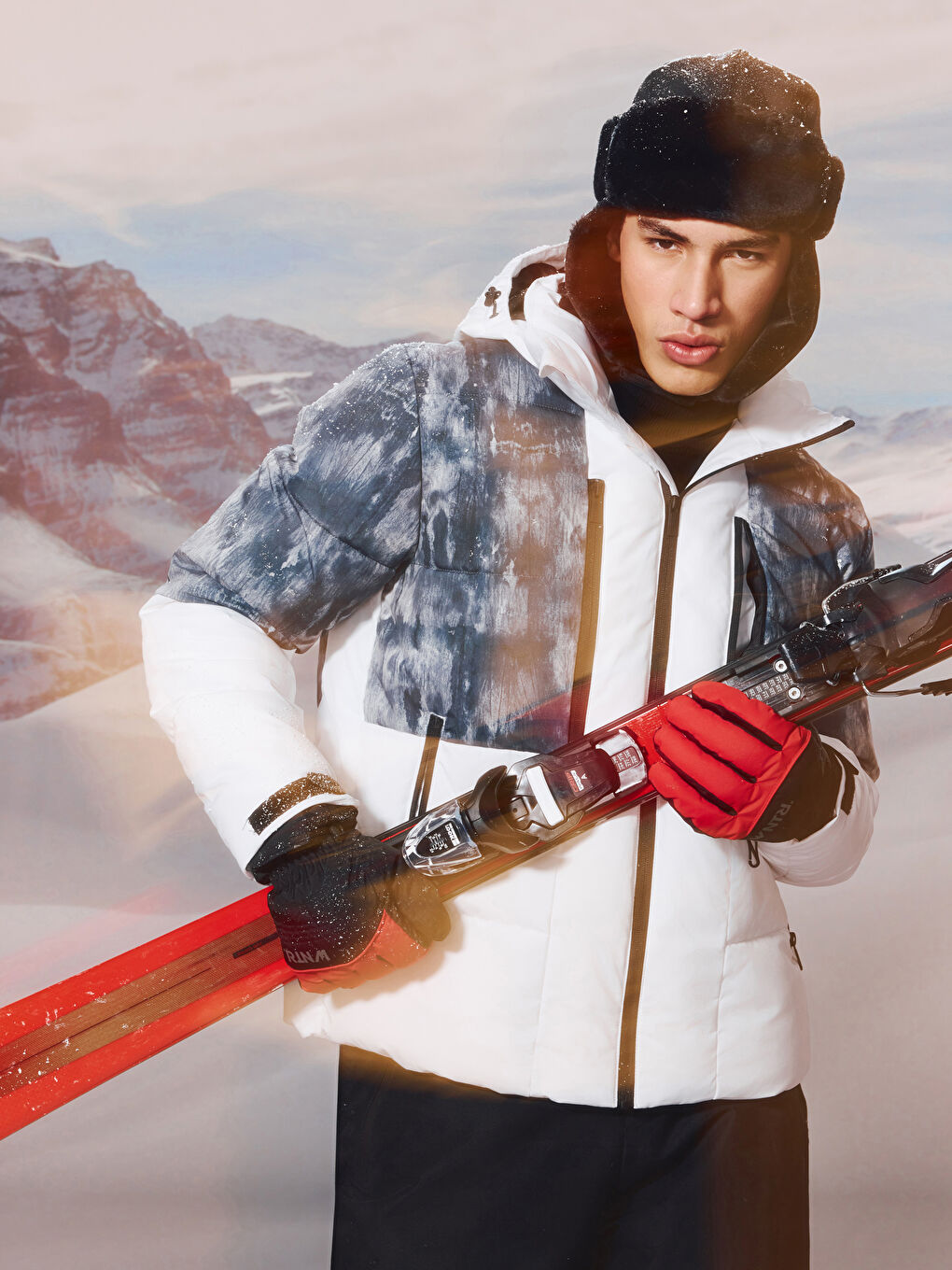 Beyaz Standart Kalıp Kapüşonlu Erkek Kayak Montu-6