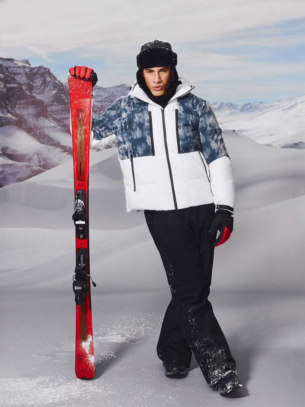 Beyaz Standart Kalıp Kapüşonlu Erkek Kayak Montu-8