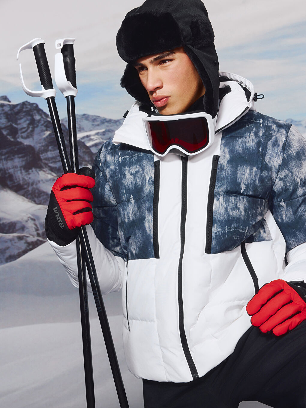 Beyaz Standart Kalıp Kapüşonlu Erkek Kayak Montu-10