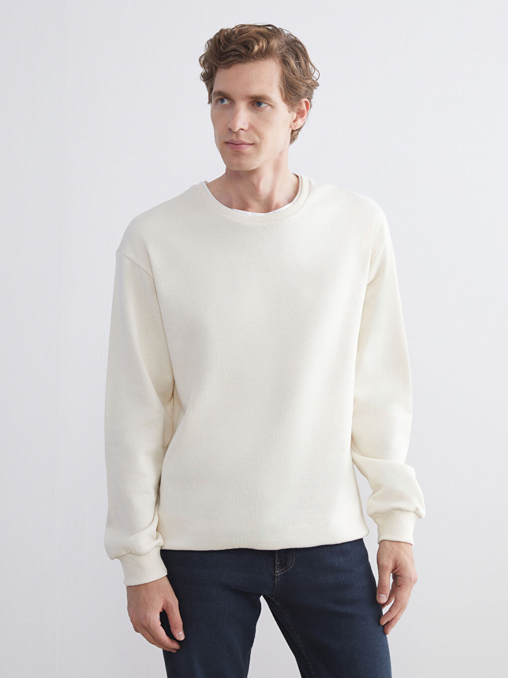 Bej Bisiklet Yaka Erkek Sweatshirt