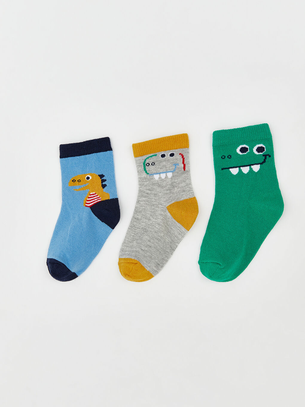 Yeşil Dinozor Baskılı Erkek Çocuk Soket Çorap 3'lü