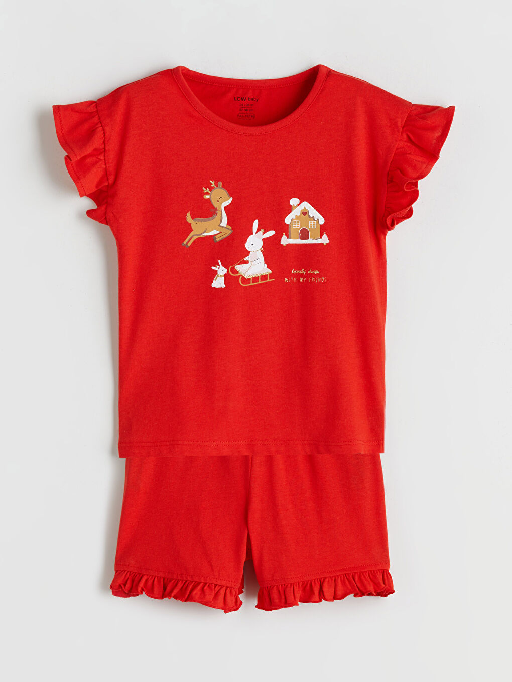 Kırmızı Yılbaşı Temalı Kız Bebek Şortlu Pijama Takımı