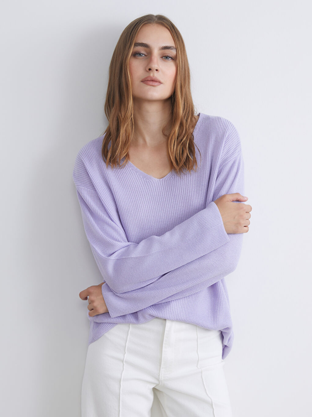 Lila V Yaka Kadın Triko Kazak