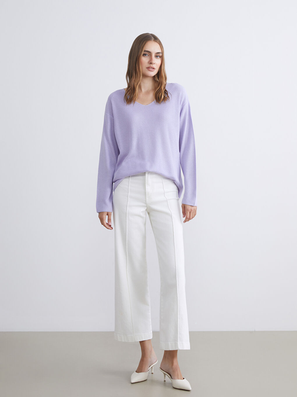 Lila V Yaka Kadın Triko Kazak-1