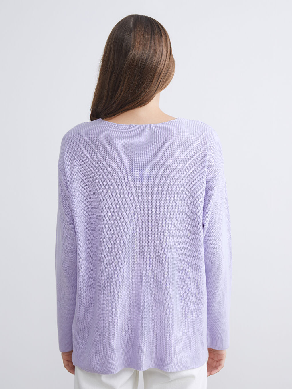 Lila V Yaka Kadın Triko Kazak-3