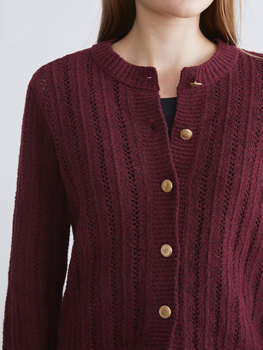 Bordo Bisiklet Yaka Ajurlu Kadın Triko Hırka-2