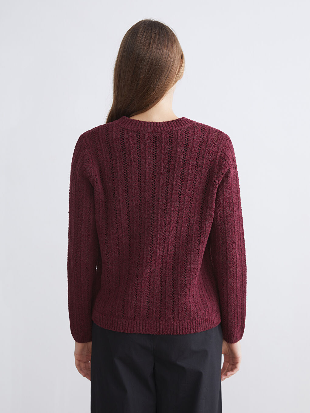 Bordo Bisiklet Yaka Ajurlu Kadın Triko Hırka-3