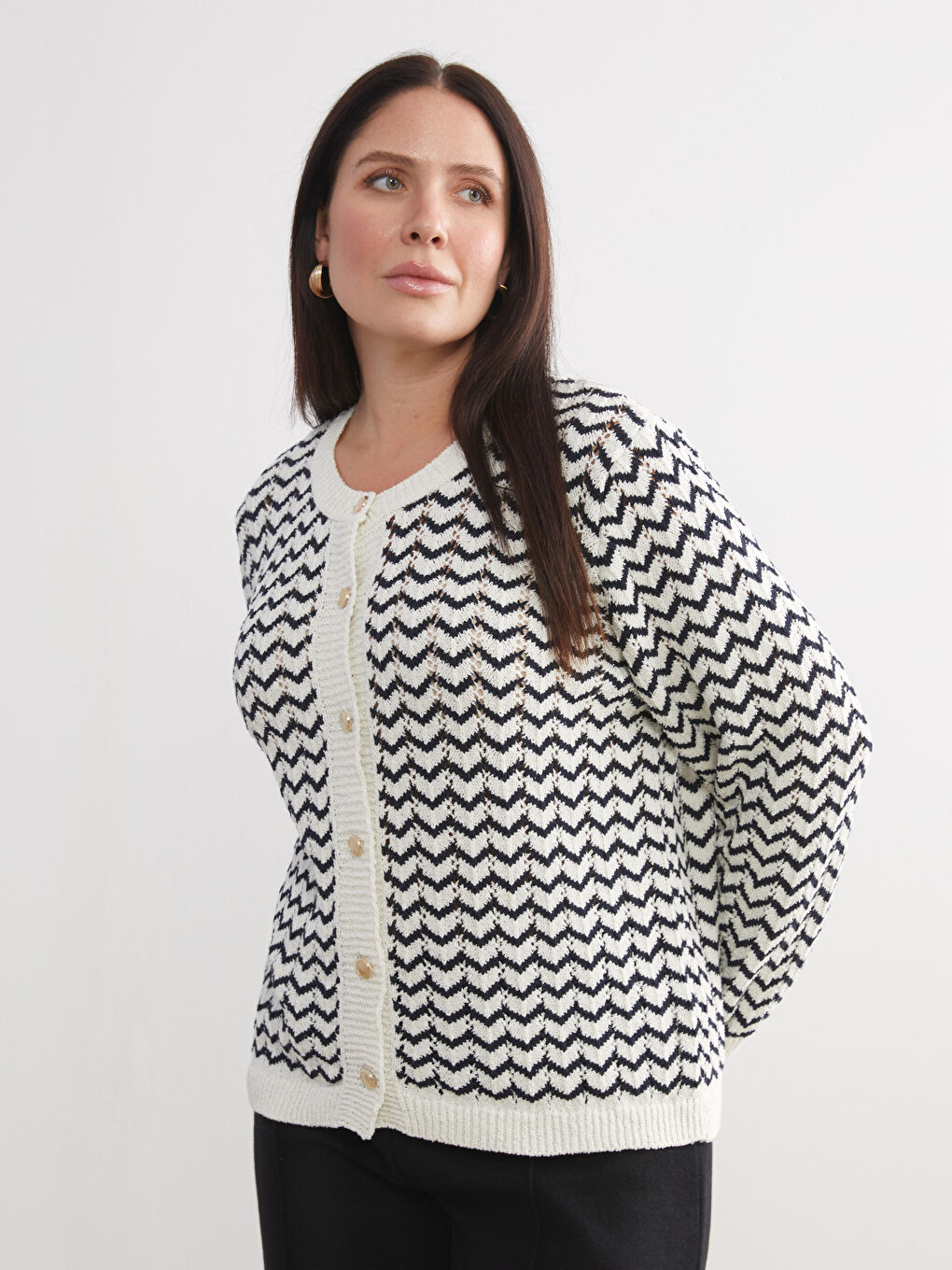 Ekru Bisiklet Yaka Çizgili Ajurlu Kadın Triko Hırka-1