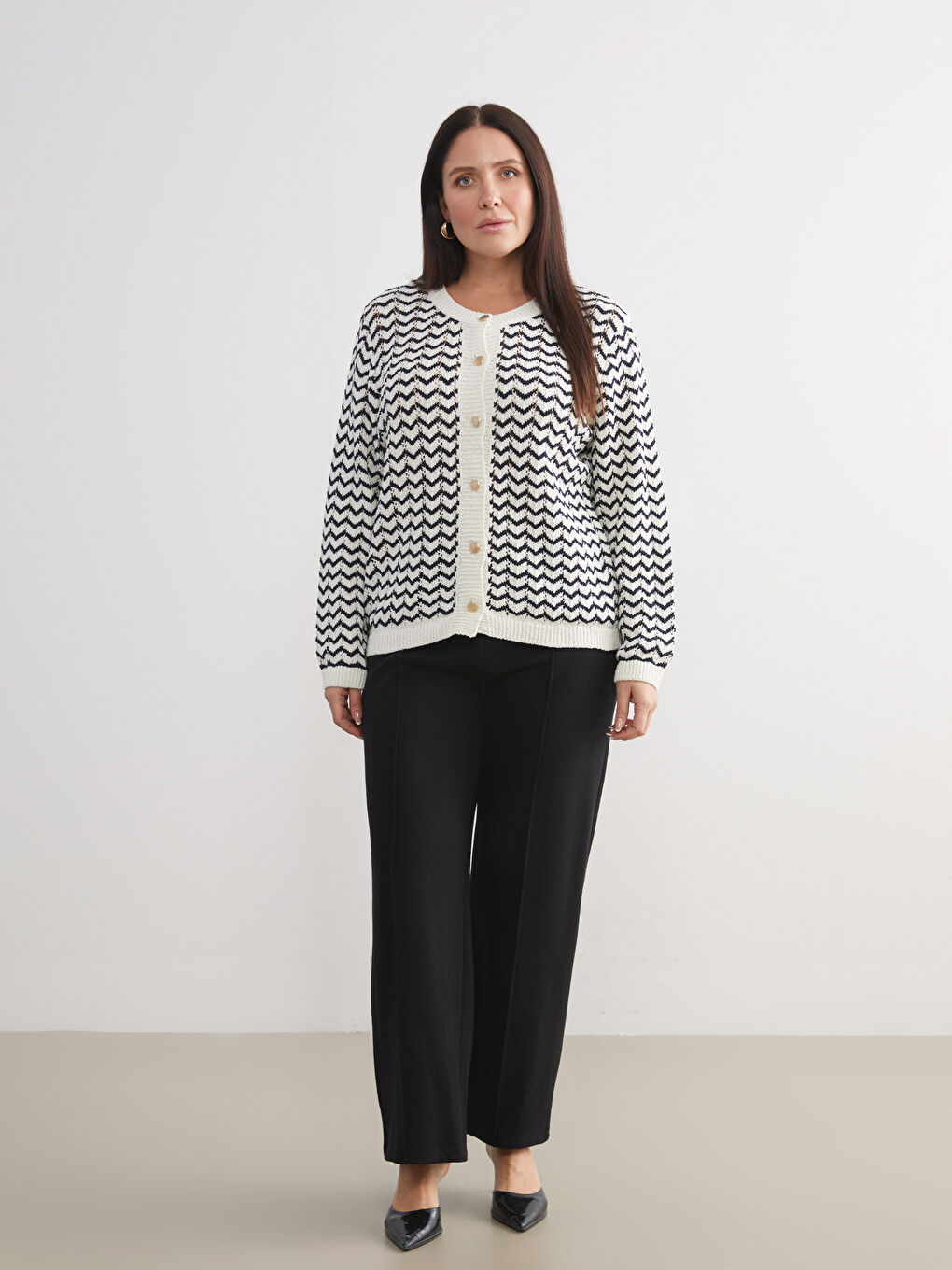 Ekru Bisiklet Yaka Çizgili Ajurlu Kadın Triko Hırka-5