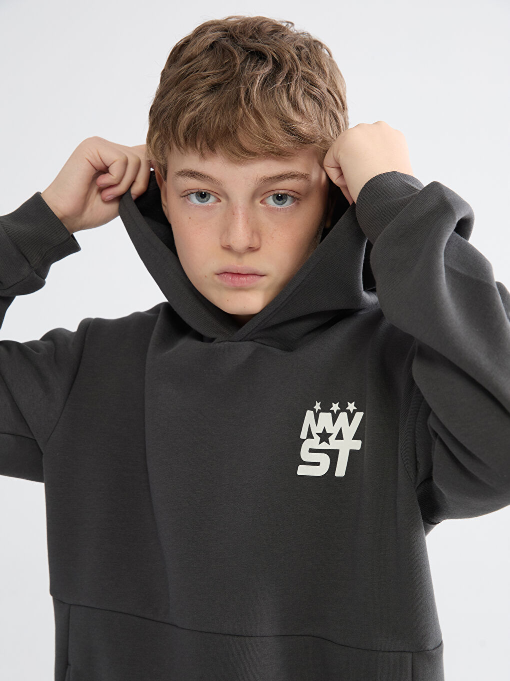 Antrasit Kapüşonlu Baskılı Erkek Çocuk Kalın Sweatshirt