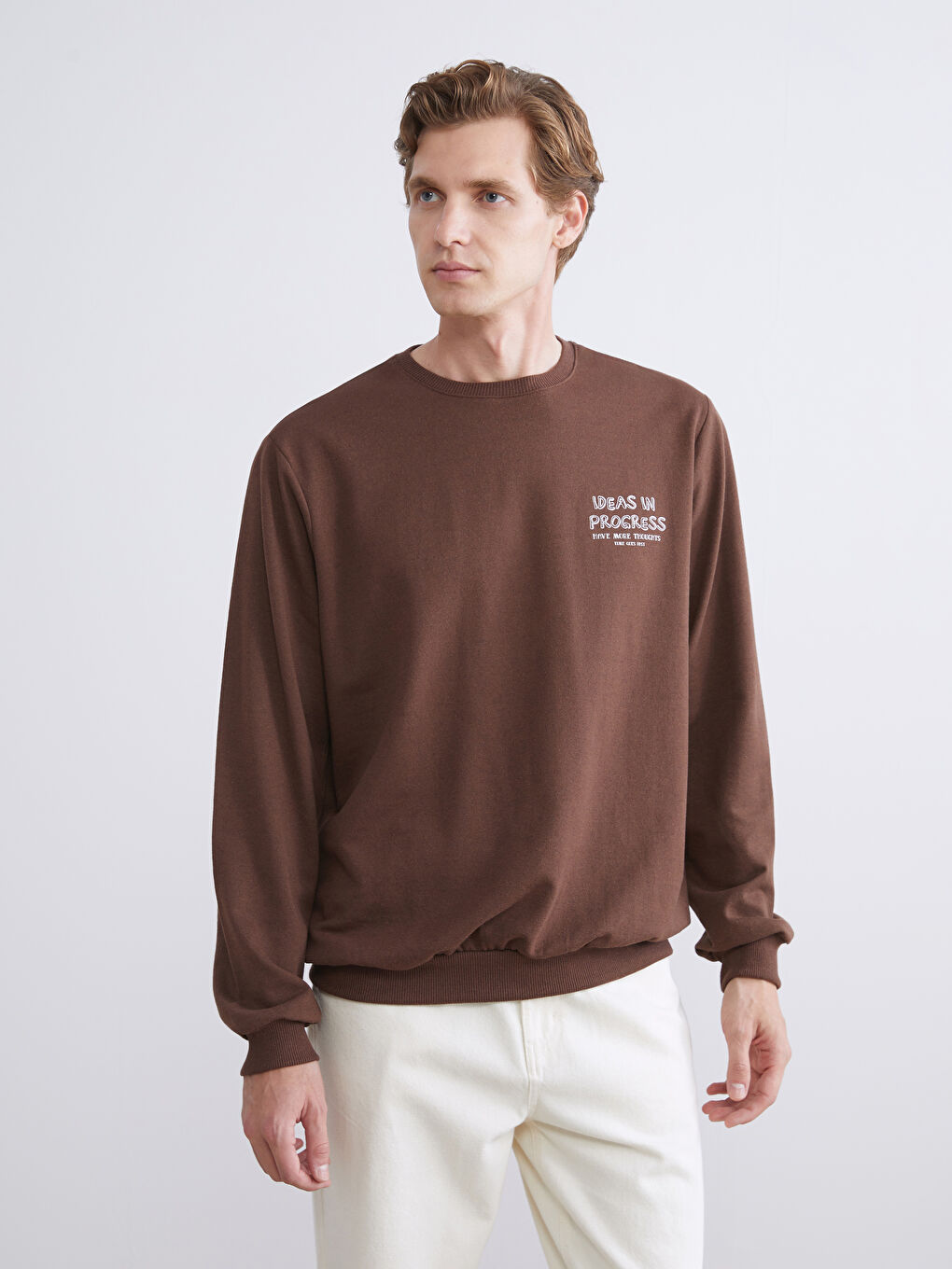 Kahverengi Bisiklet Yaka Baskılı Erkek Sweatshirt