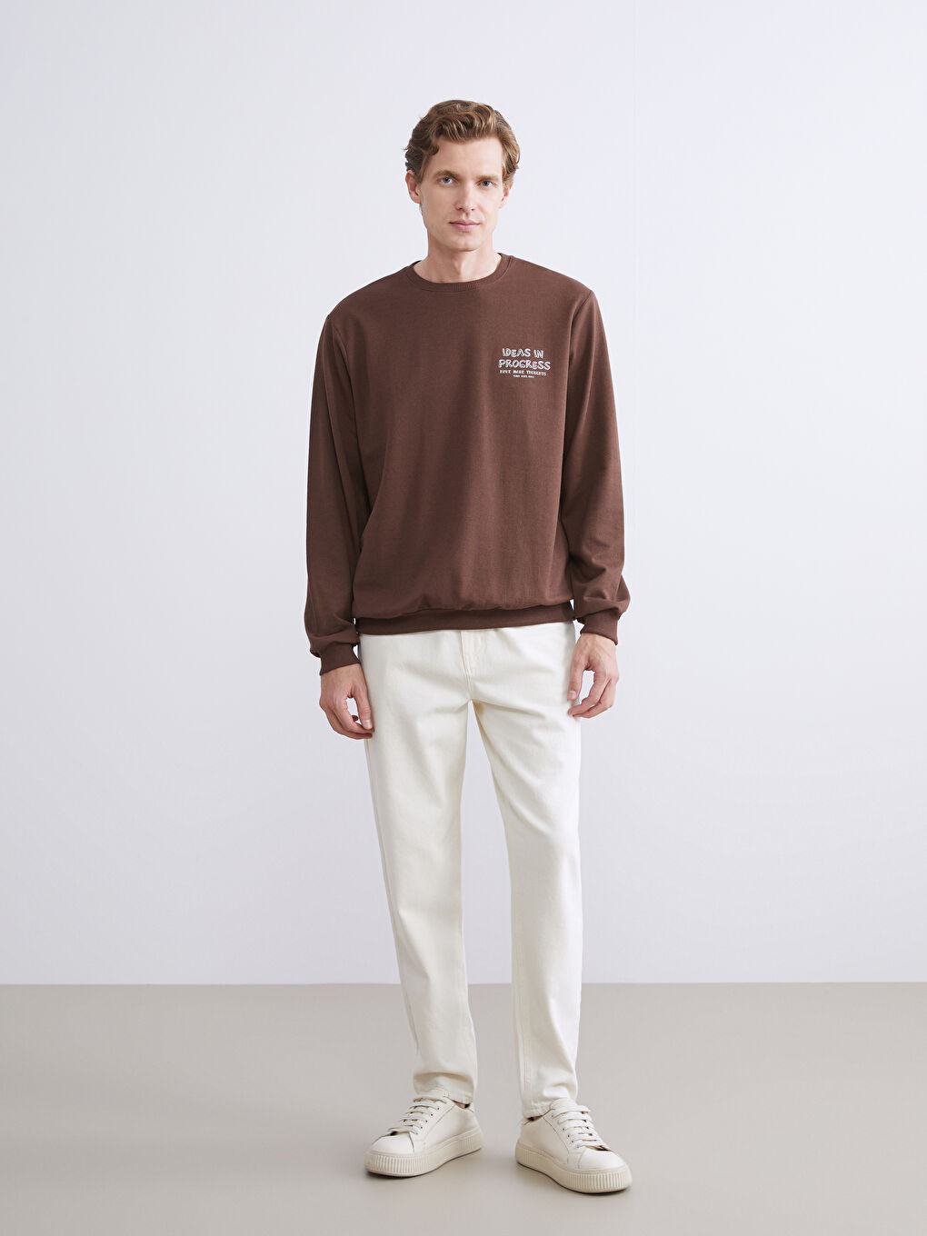 Kahverengi Bisiklet Yaka Baskılı Erkek Sweatshirt-1