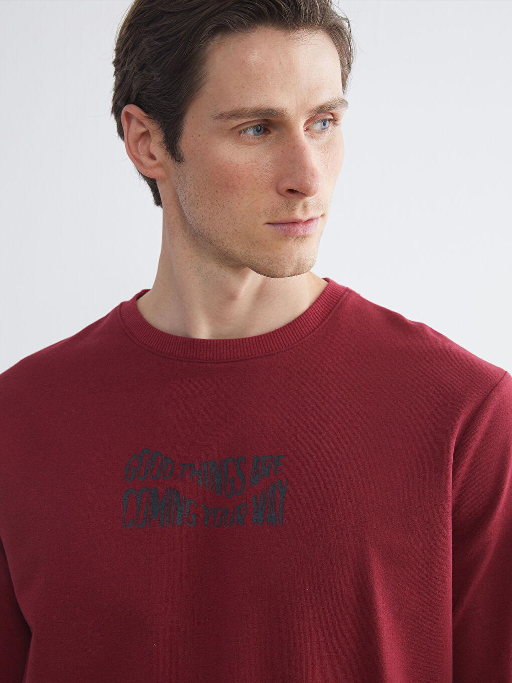 Bordo Bisiklet Yaka Baskılı Erkek Sweatshirt