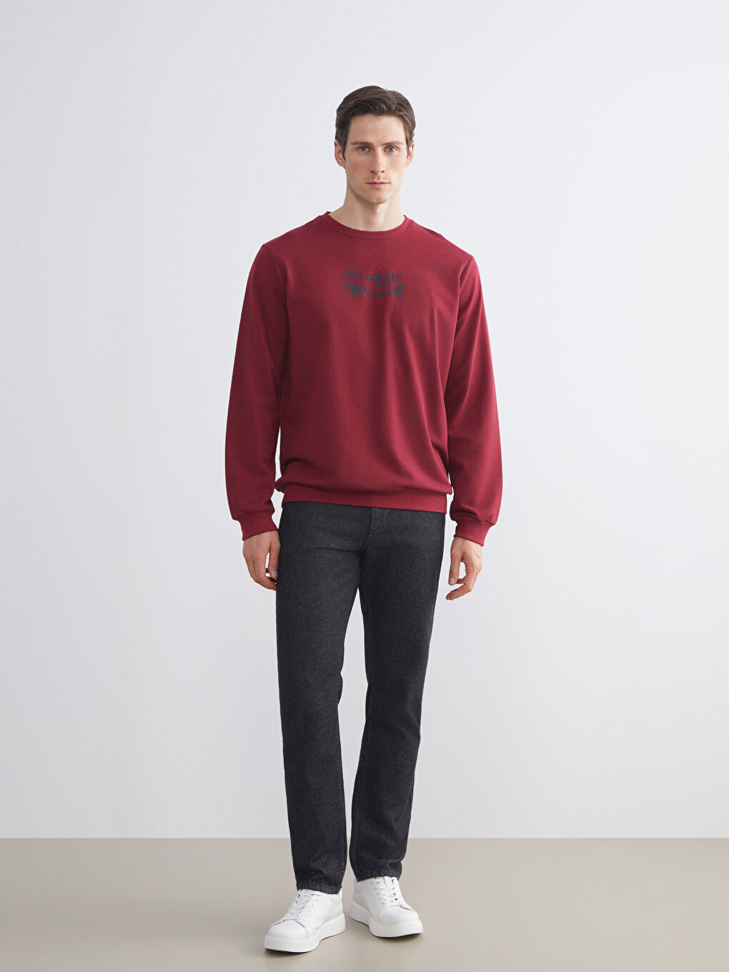 Bordo Bisiklet Yaka Baskılı Erkek Sweatshirt-1