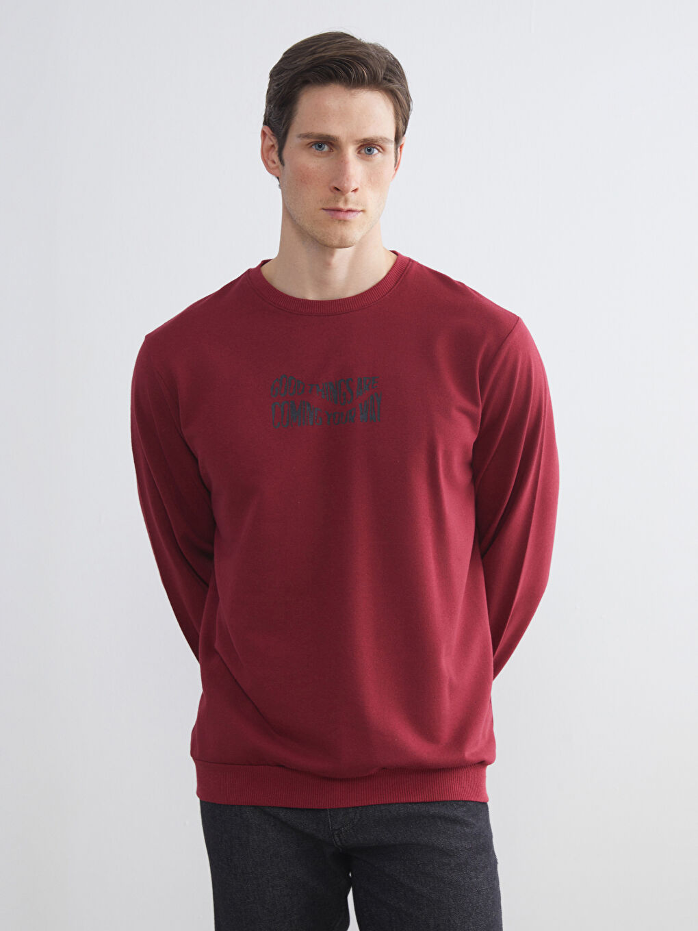 Bordo Bisiklet Yaka Baskılı Erkek Sweatshirt-2