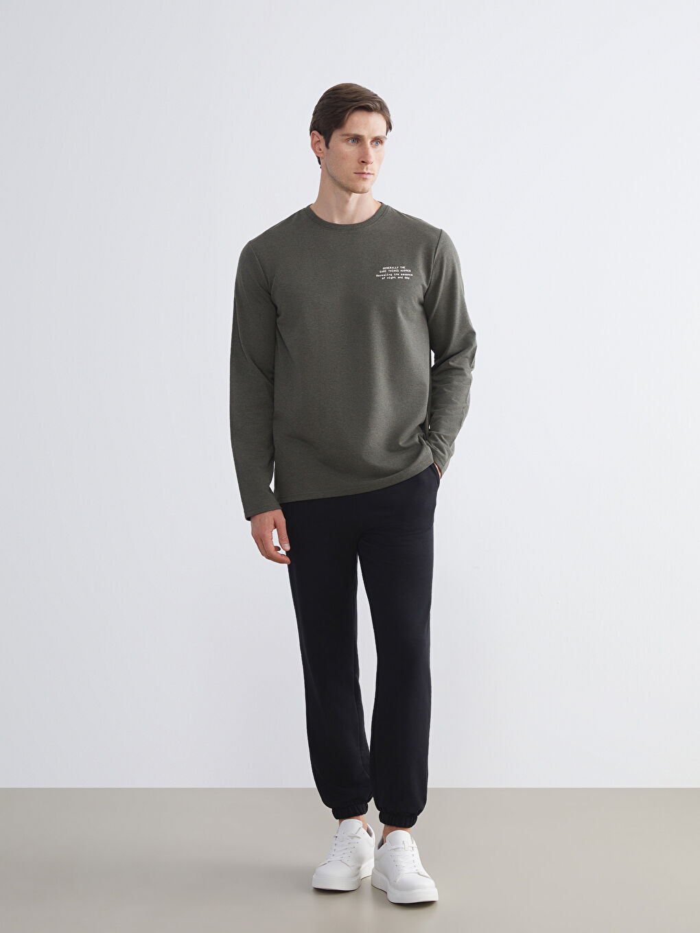 Yeşil Bisiklet Yaka Baskılı Erkek Sweatshirt-1