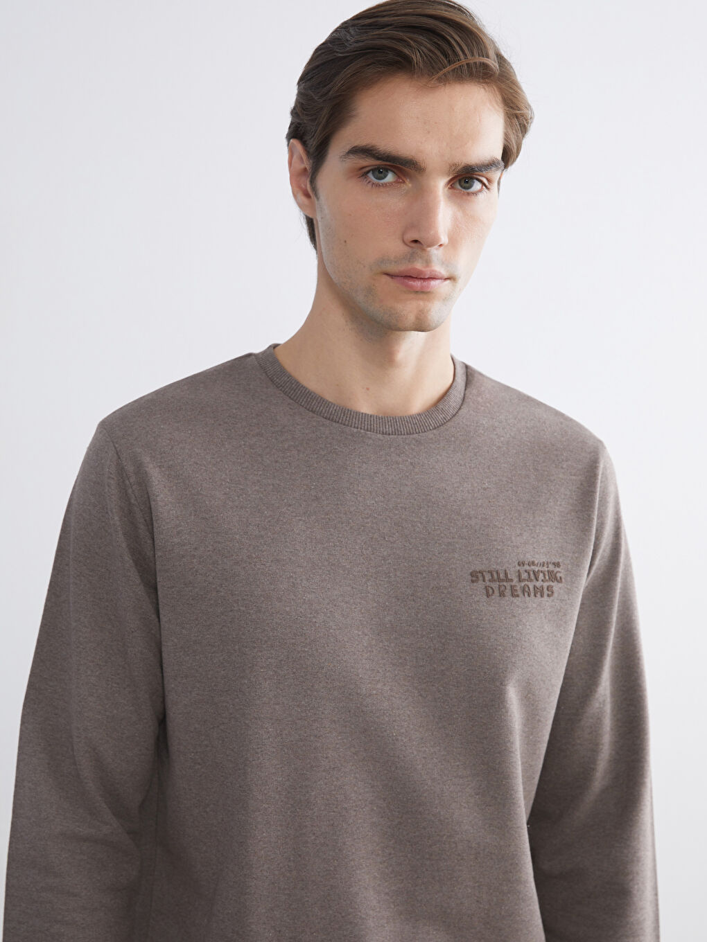 Kahverengi Bisiklet Yaka Baskılı Erkek Sweatshirt