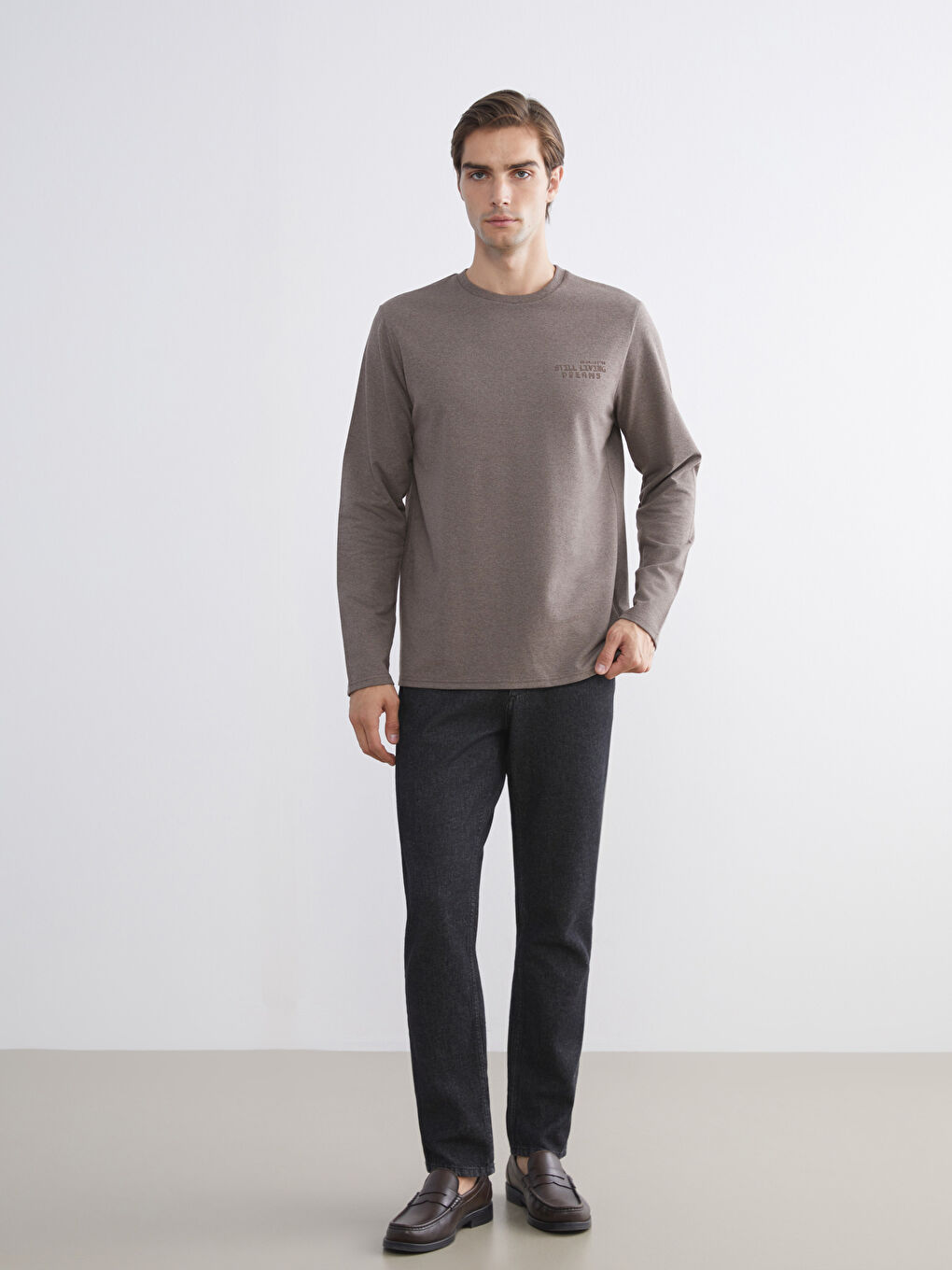 Kahverengi Bisiklet Yaka Baskılı Erkek Sweatshirt-1