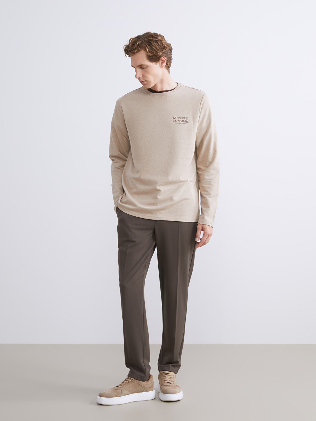 Ekru Bisiklet Yaka Baskılı Erkek Sweatshirt-1