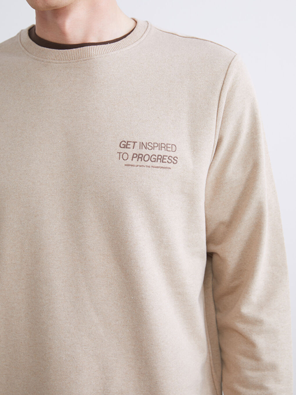 Ekru Bisiklet Yaka Baskılı Erkek Sweatshirt-2