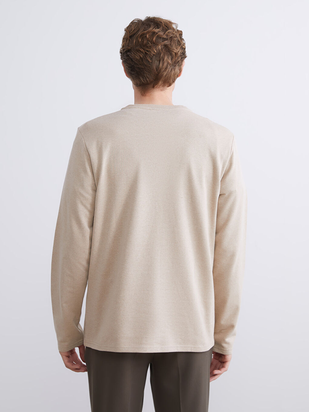 Ekru Bisiklet Yaka Baskılı Erkek Sweatshirt-3