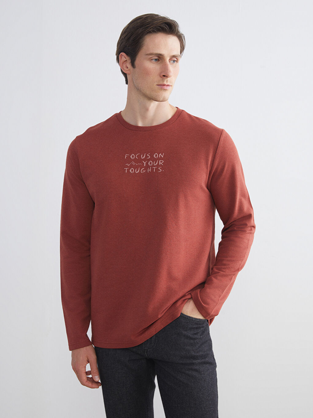 Pembe Bisiklet Yaka Baskılı Erkek Sweatshirt