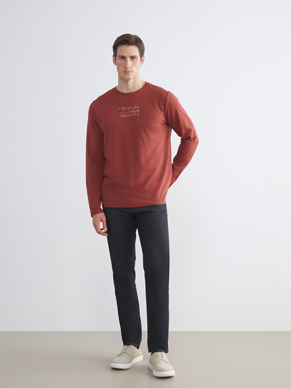 Pembe Bisiklet Yaka Baskılı Erkek Sweatshirt-1