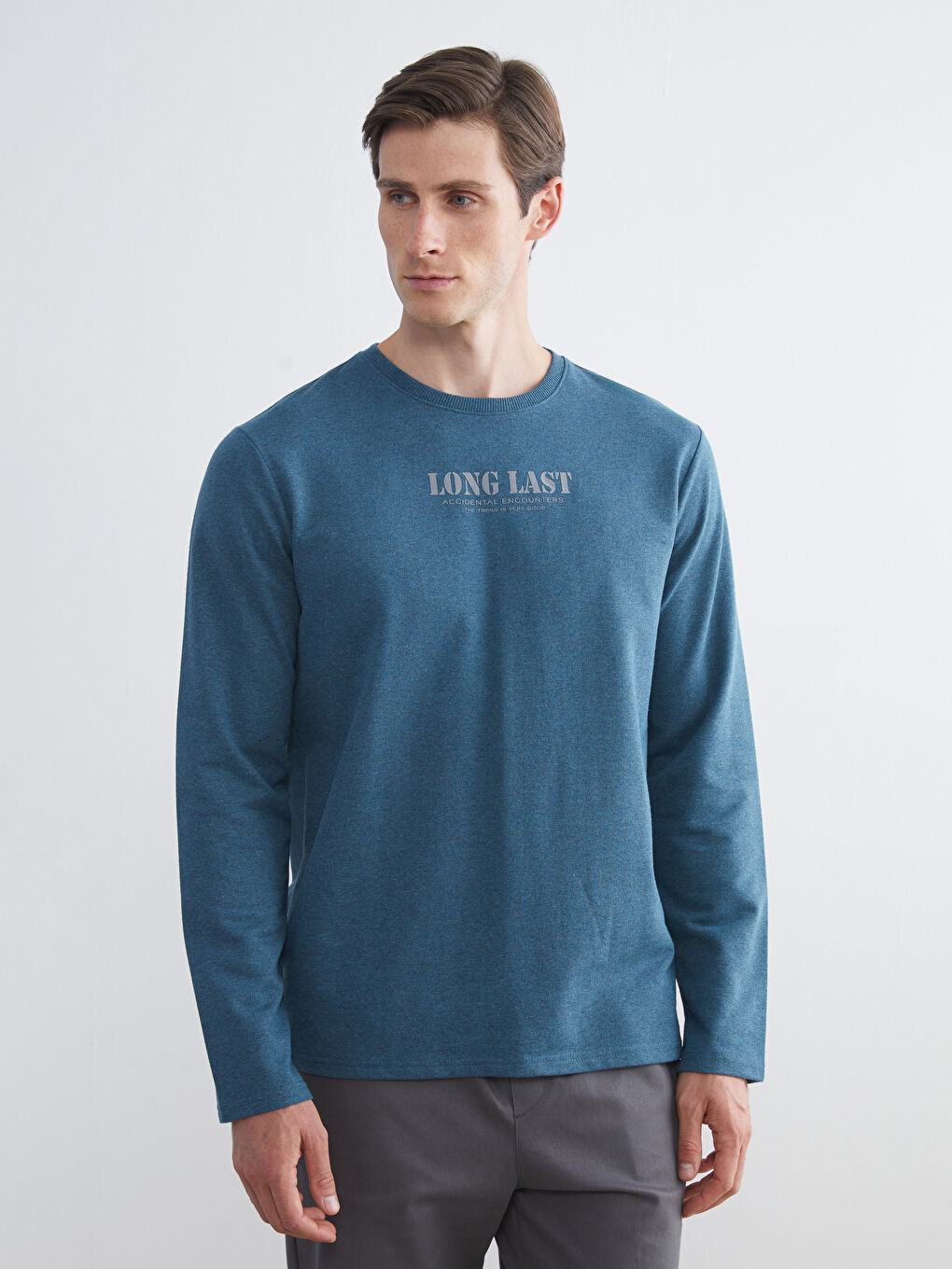 Petrol Bisiklet Yaka Baskılı Erkek Sweatshirt