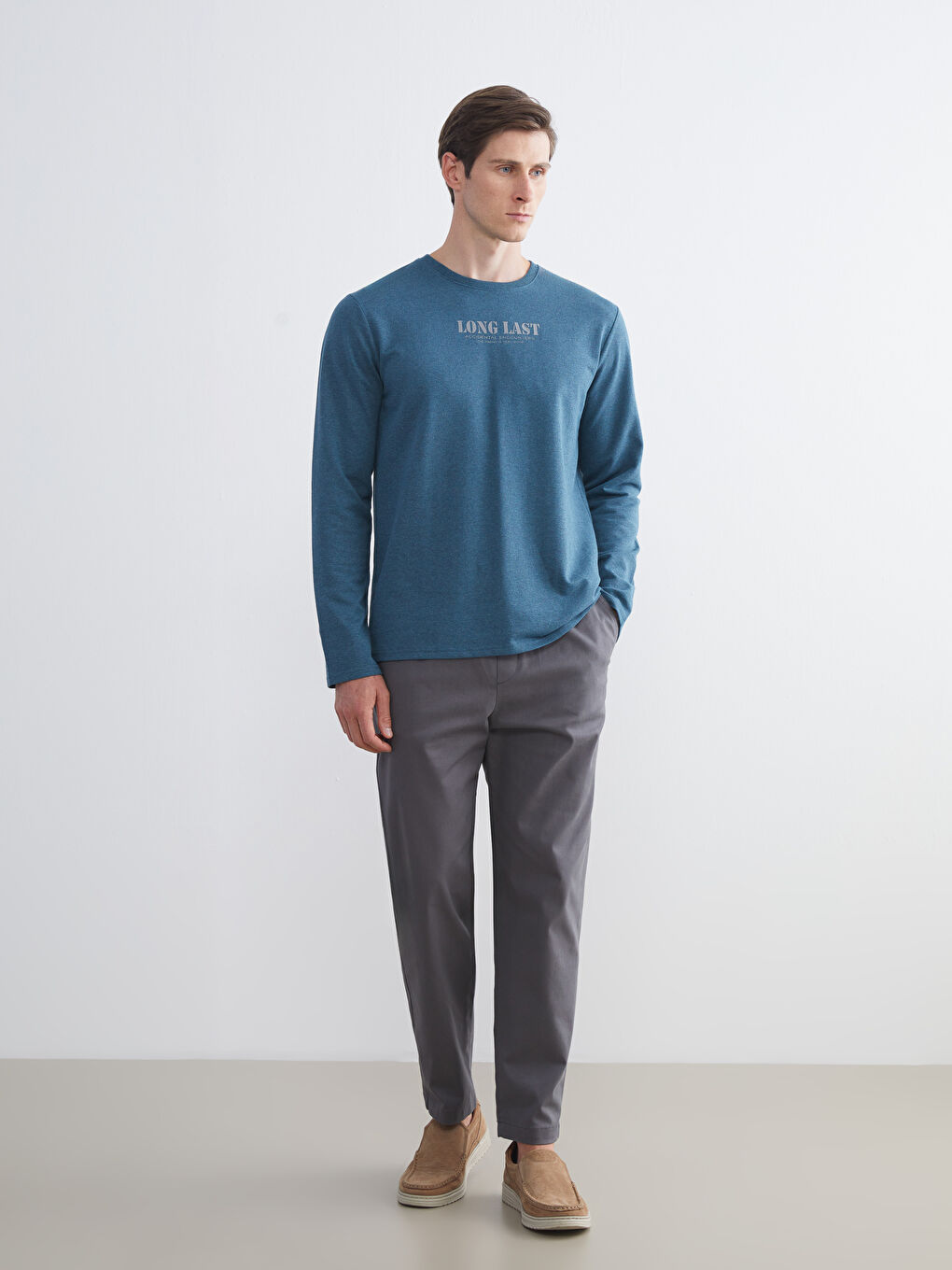 Petrol Bisiklet Yaka Baskılı Erkek Sweatshirt-1