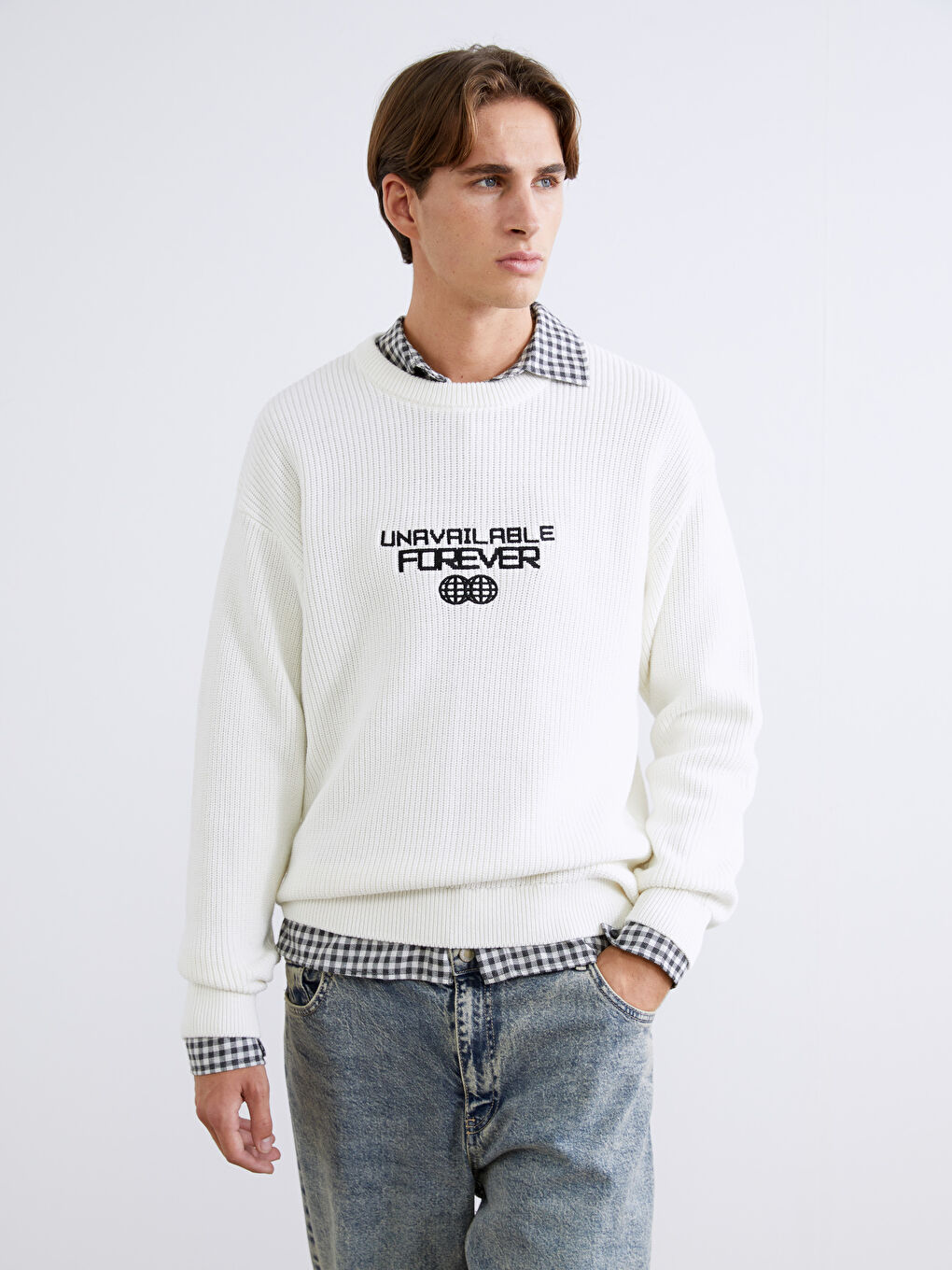 Ерлерге арналған дөңгелек жағалы басылған трикотаж жемпір