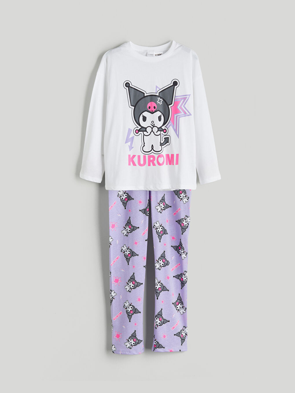 Beyaz Bisiklet Yaka Kuromi Baskılı Kız Çocuk Pijama Takımı