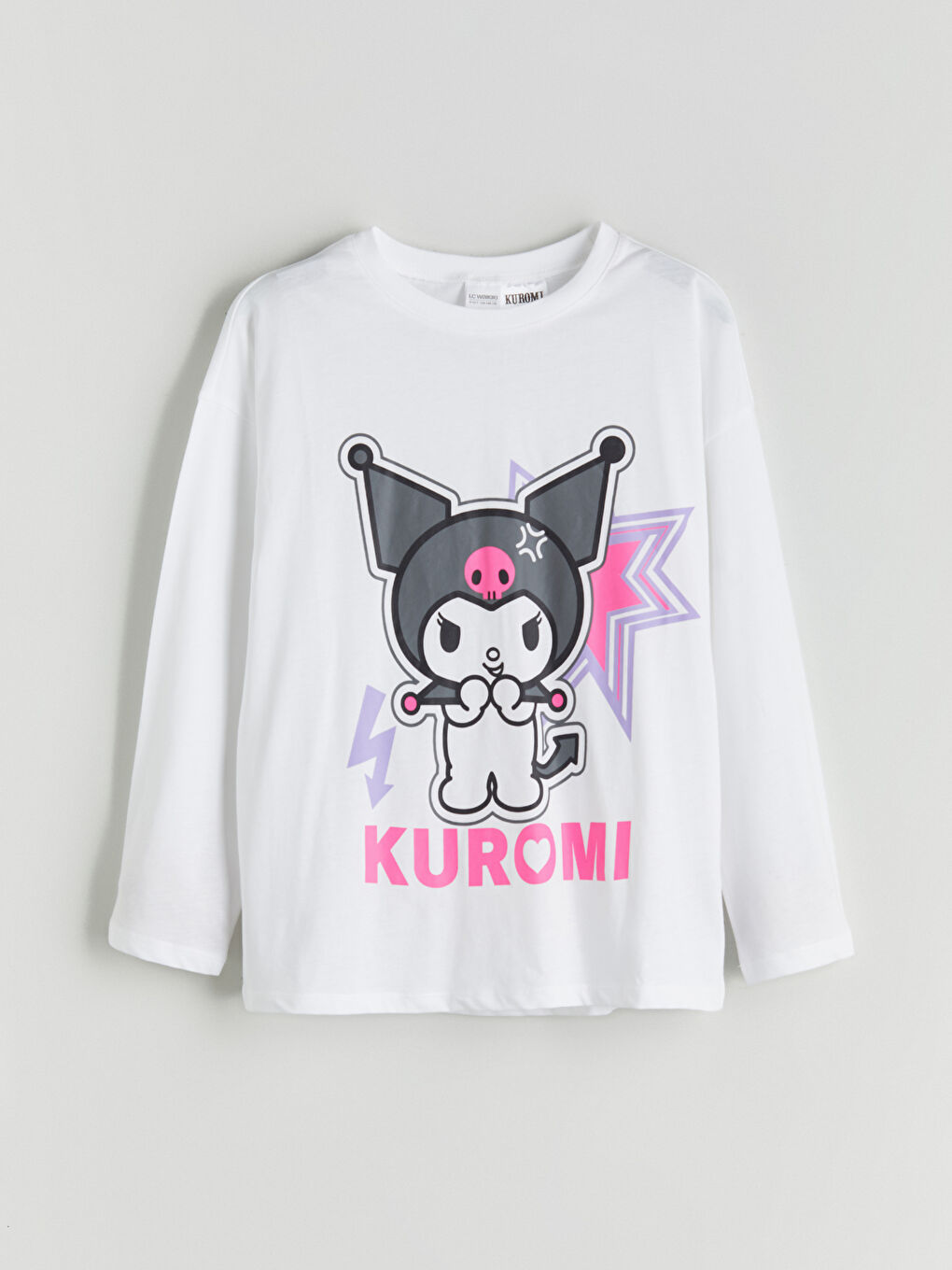 Beyaz Bisiklet Yaka Kuromi Baskılı Kız Çocuk Pijama Takımı-1