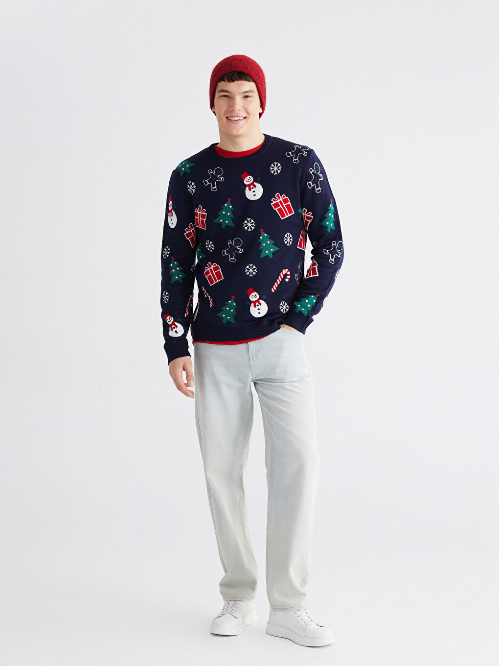 Lacivert Bisiklet Yaka Yılbaşı Temalı Erkek Triko Kazak-1