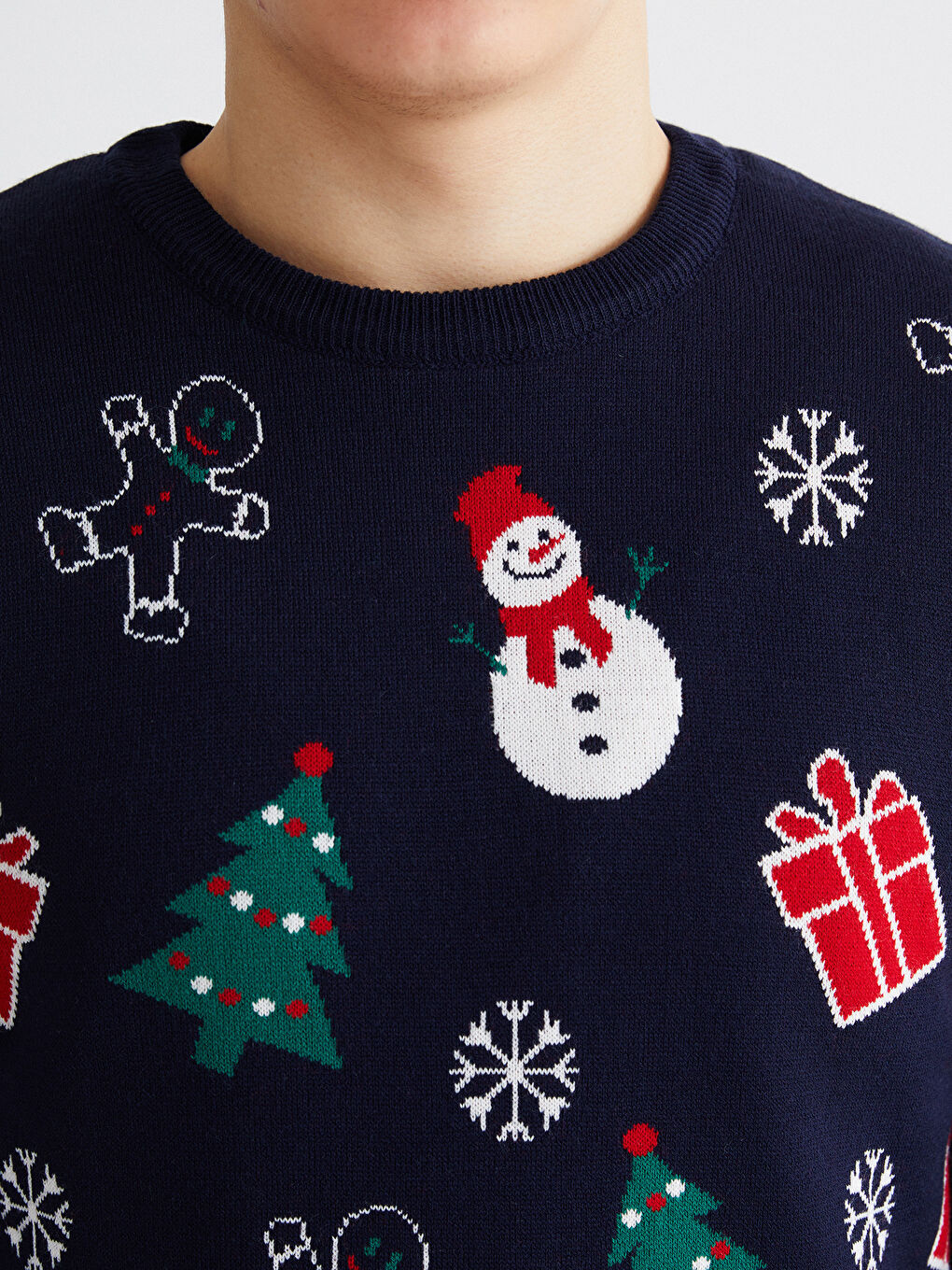 Lacivert Bisiklet Yaka Yılbaşı Temalı Erkek Triko Kazak-2