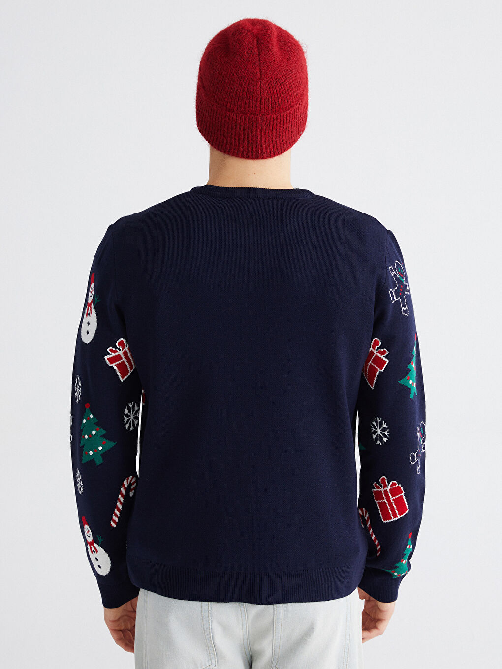 Lacivert Bisiklet Yaka Yılbaşı Temalı Erkek Triko Kazak-3