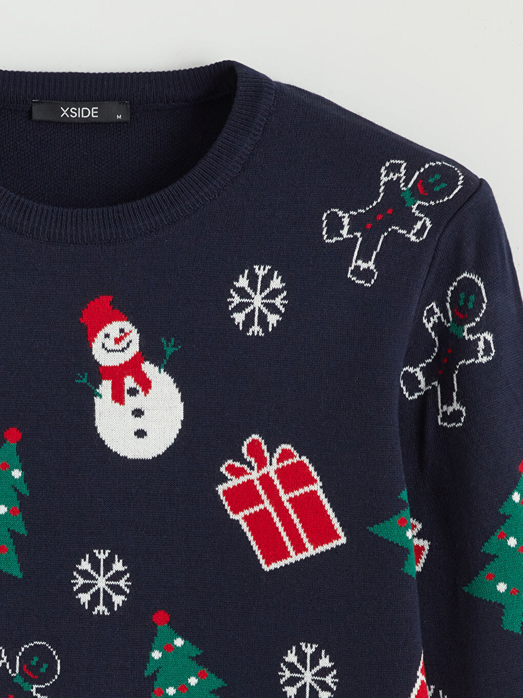 Lacivert Bisiklet Yaka Yılbaşı Temalı Erkek Triko Kazak-5