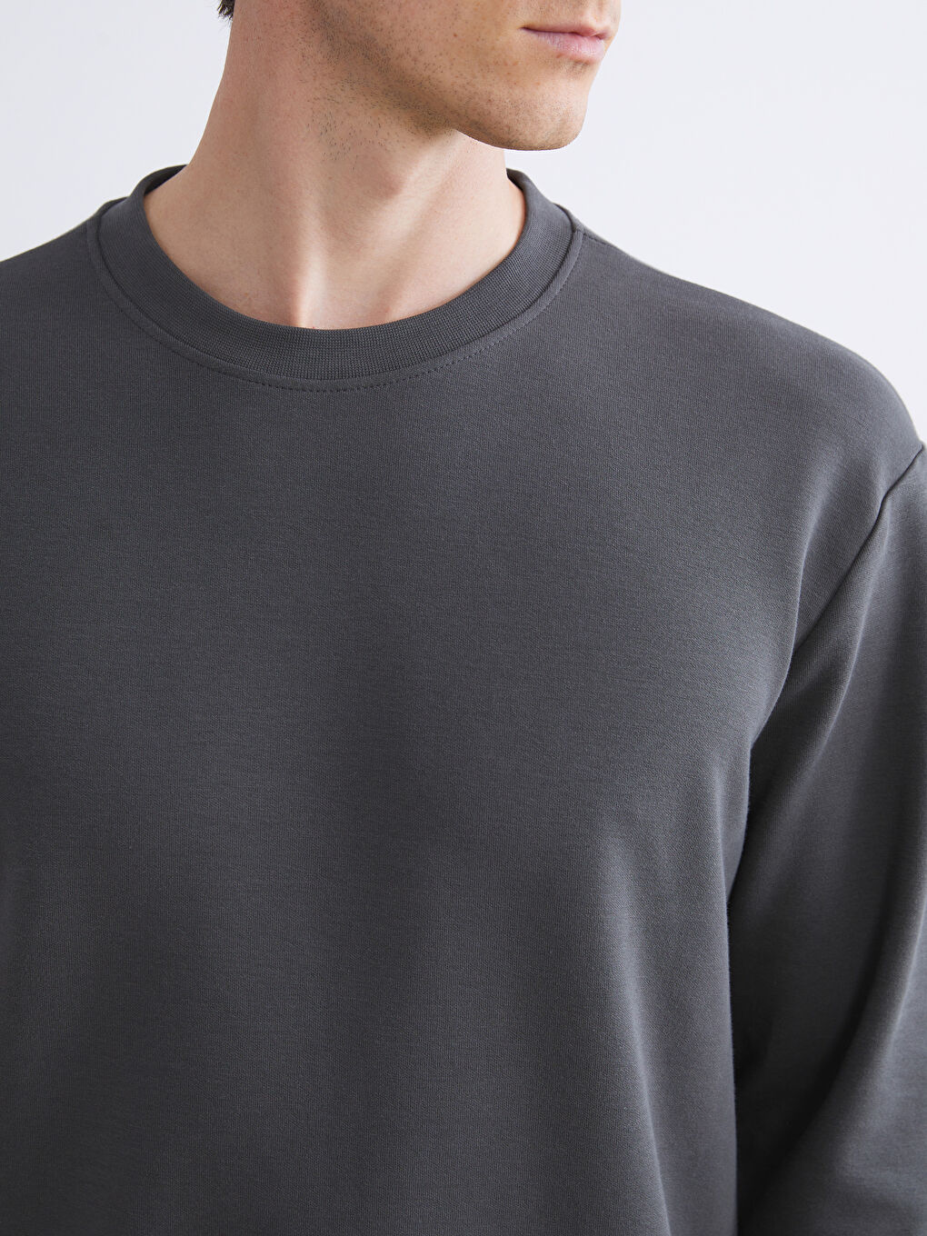 Antrasit Bisiklet Yaka Nakışlı Erkek Sweatshirt-2