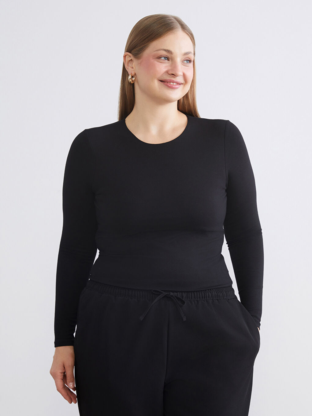 Siyah Büyük Beden Bisiklet Yaka Kadın Body-1