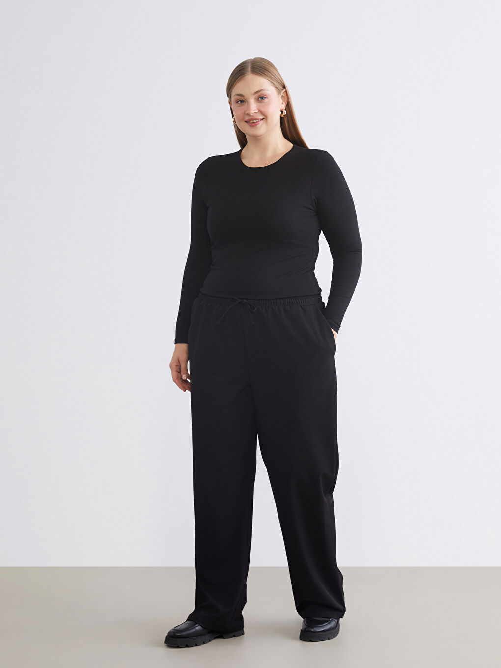 Siyah Büyük Beden Bisiklet Yaka Kadın Body-5