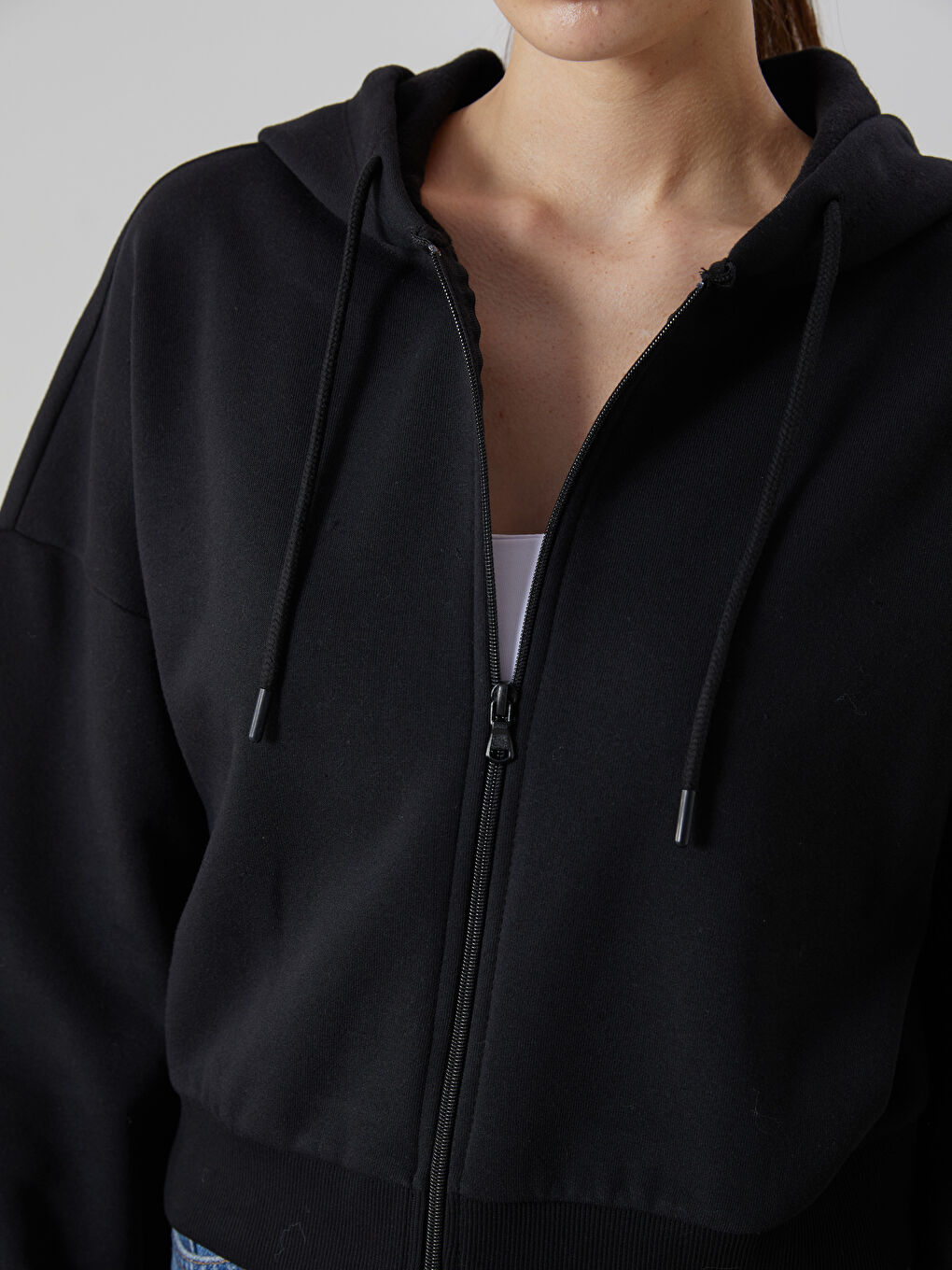 Siyah Kapüşonlu Oversize Kadın Kalın Fermuarlı Sweatshirt-2