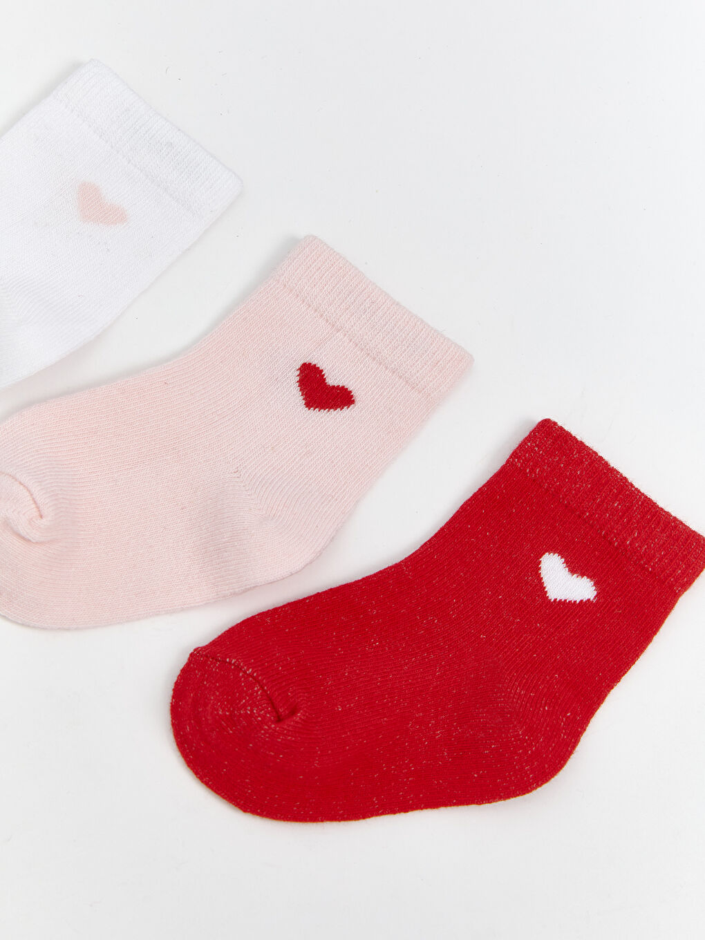 Beyaz Kalp Baskılı Kız Çocuk Soket Çorap 3'lü-1