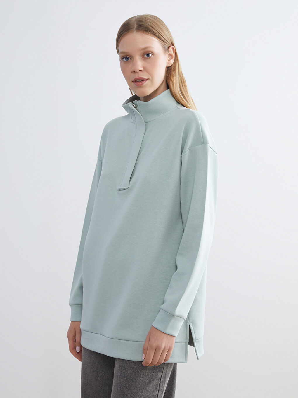 Yeşil Dik Yaka Kadın Sweatshirt Tunik