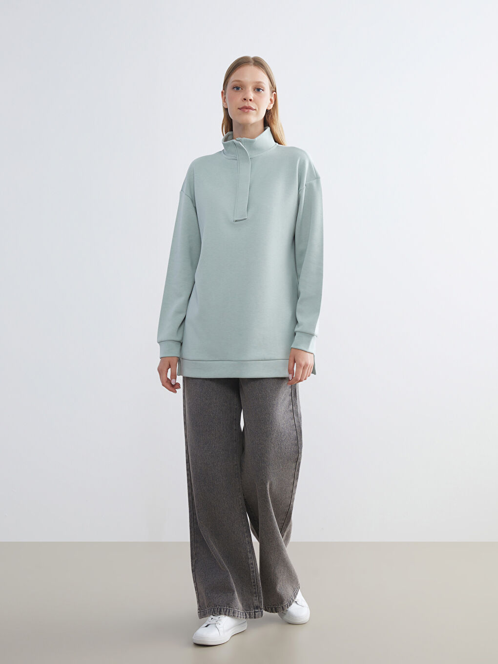 Yeşil Dik Yaka Kadın Sweatshirt Tunik-1