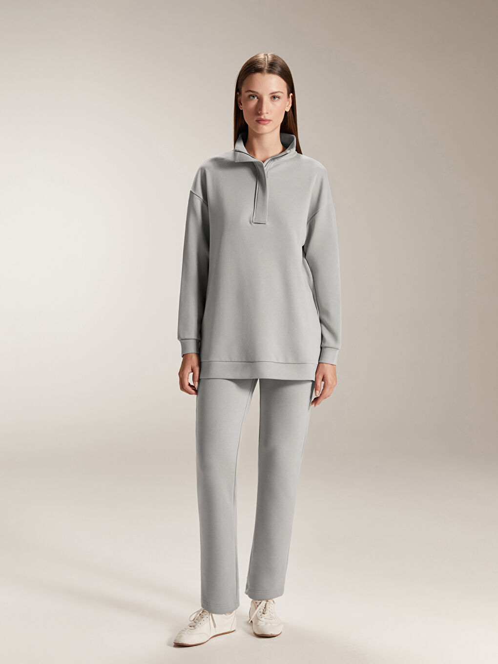 Gri Dik Yaka Kadın Sweatshirt Tunik-1