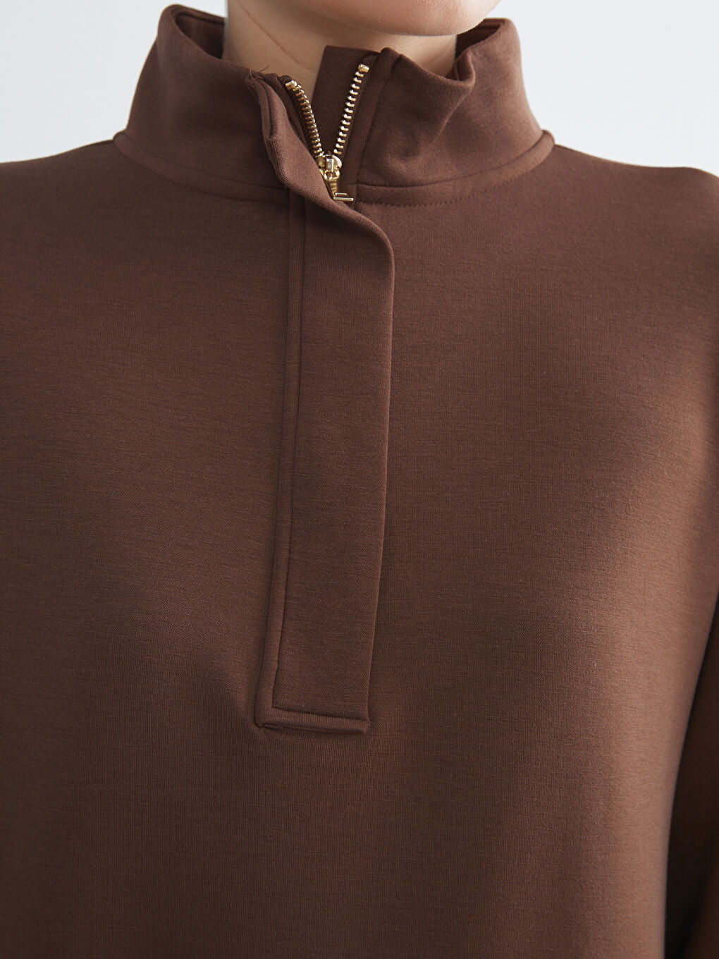 Kahverengi Dik Yaka Kadın Sweatshirt Tunik-2