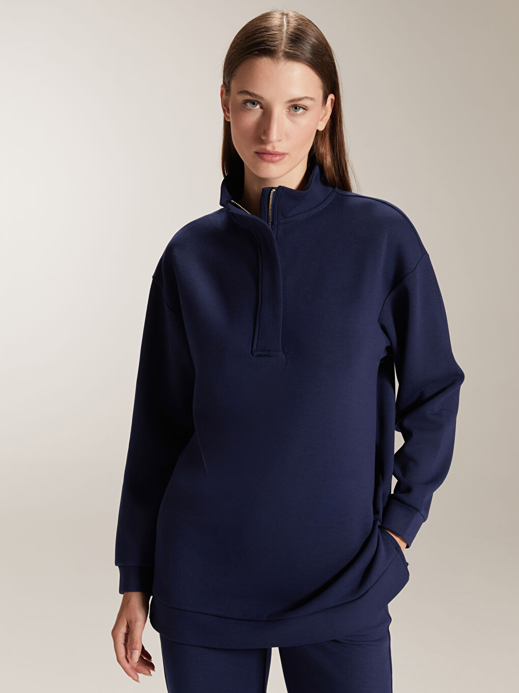 Lacivert Dik Yaka Kadın Sweatshirt Tunik