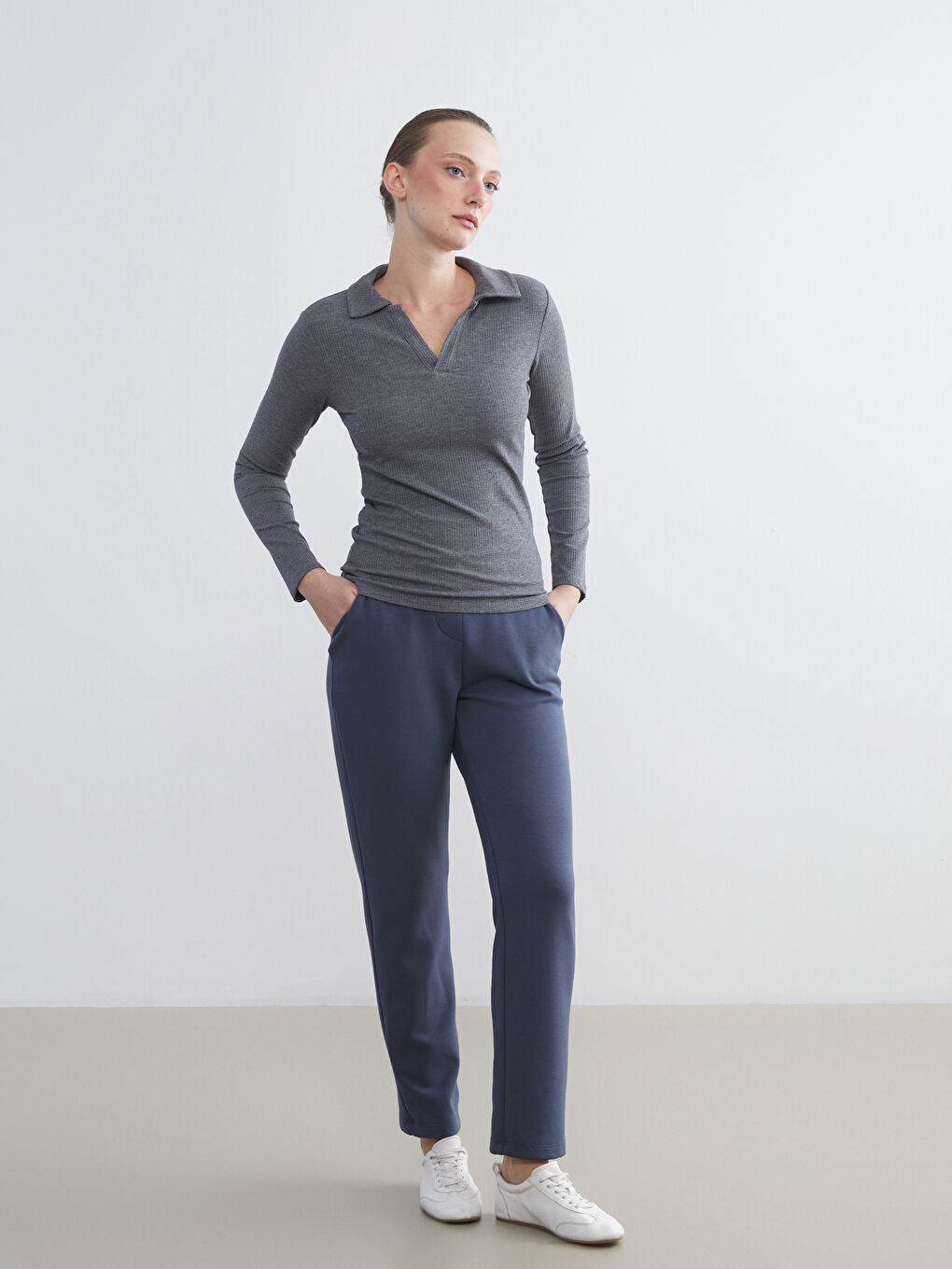 Antrasit Beli Lastikli Kadın Eşofman Altı