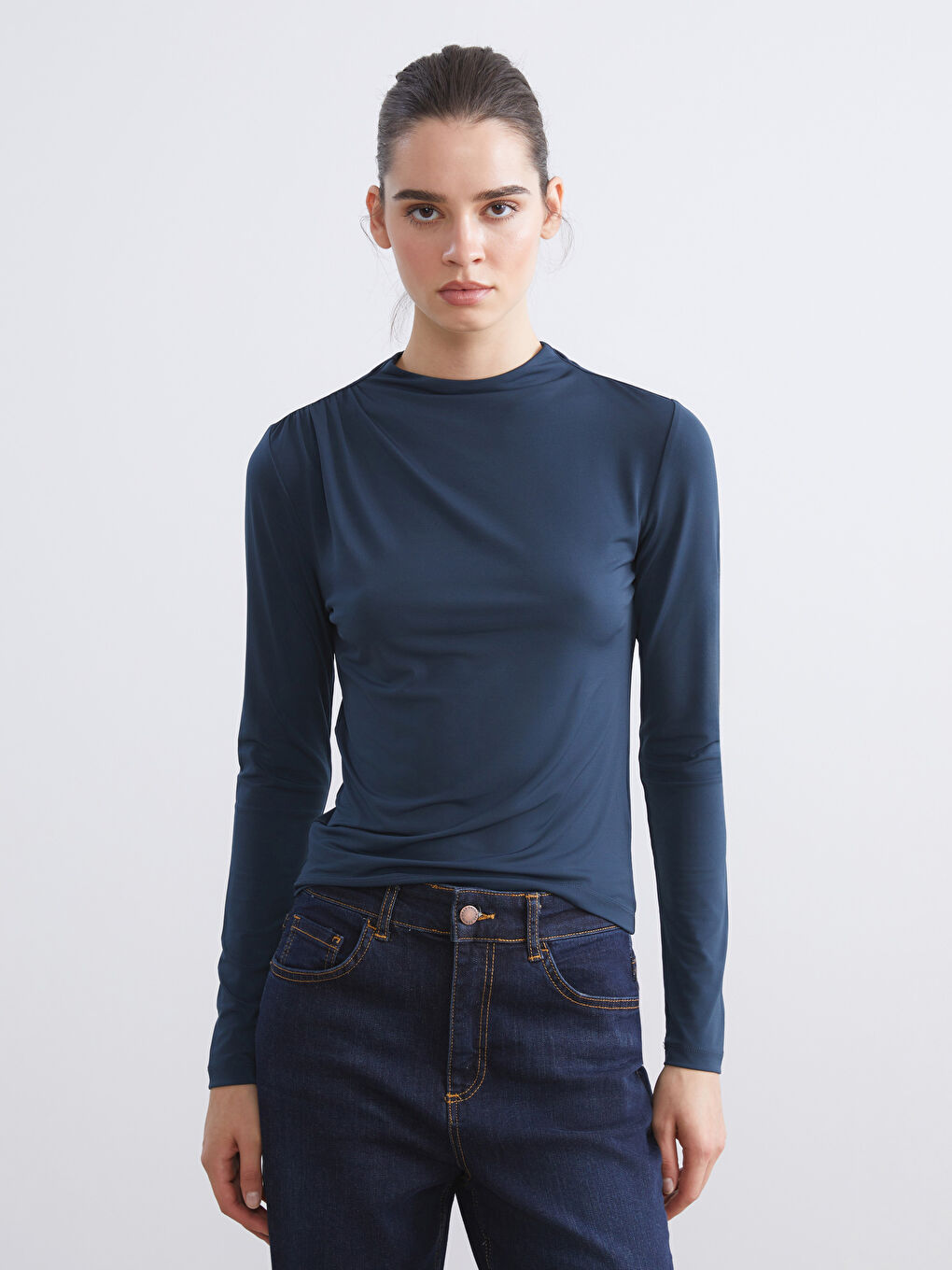 LCW Vision Funnel Neck Ruched Blouse -W5GB54Z8-R4U